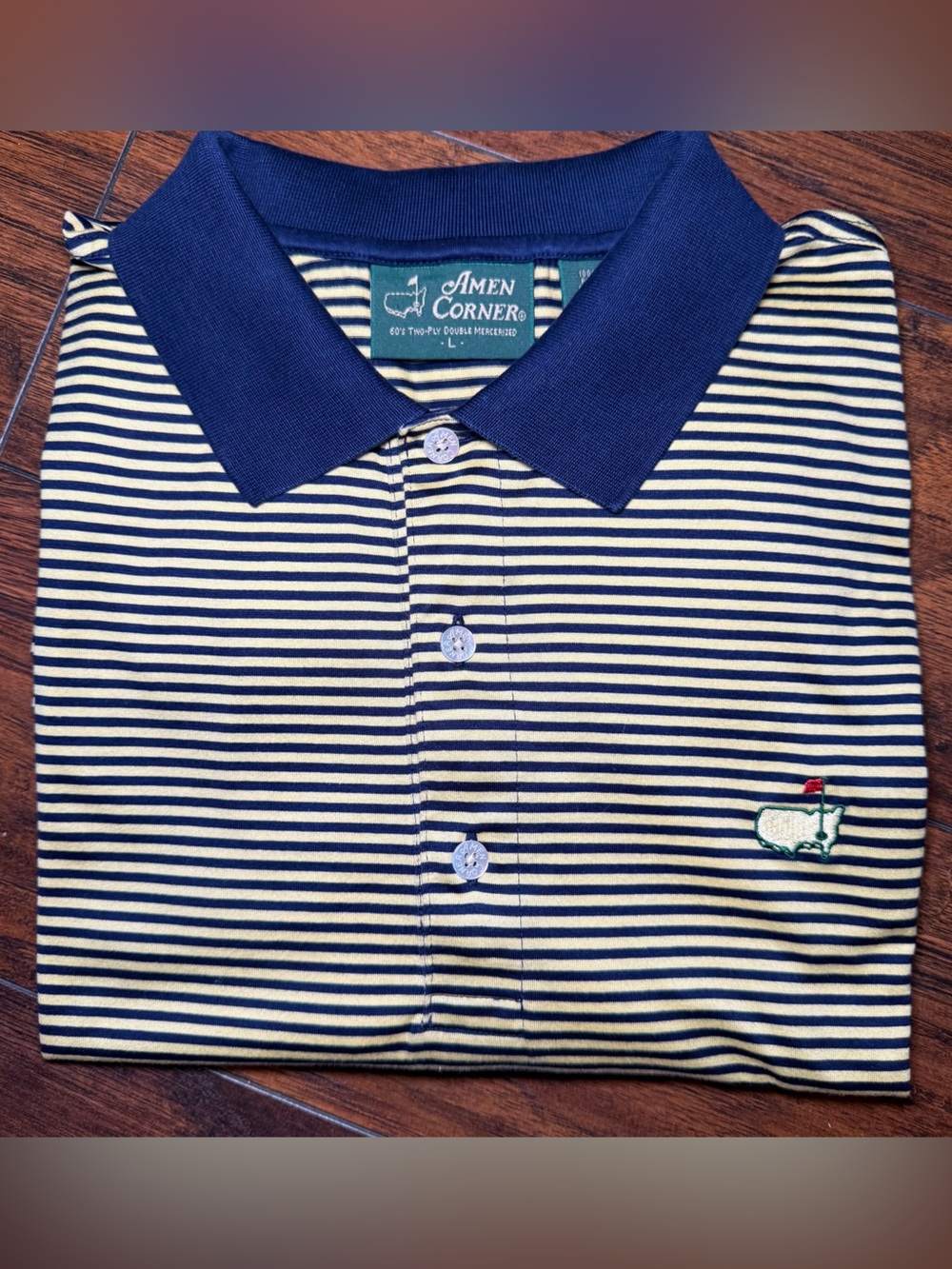 Masters Golf Polo Men’s Large Authentic Amen Corner Navy Blue & Yellow Striped